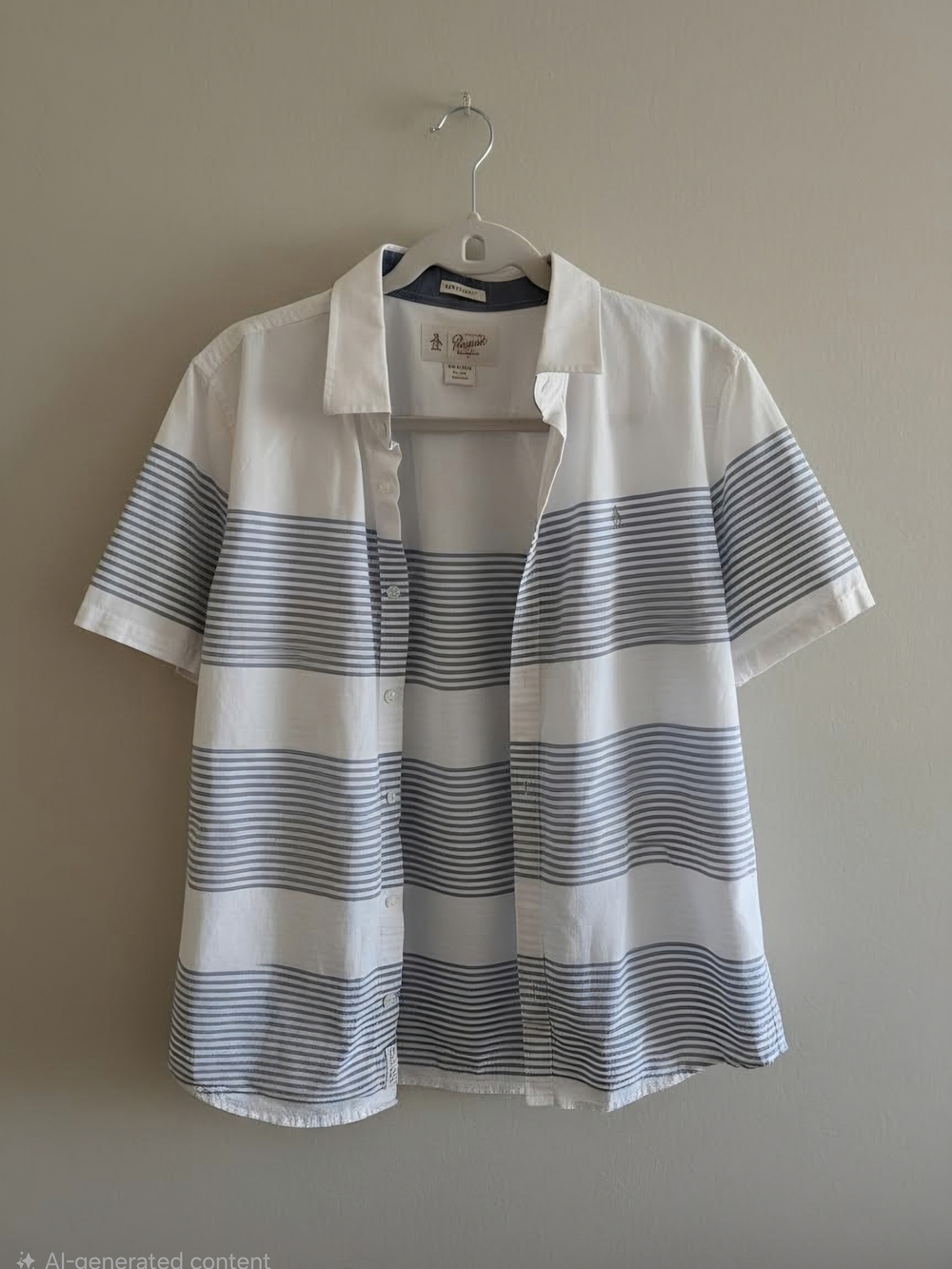 Original Penguin White and Blue Striped Short Sleeve Button-Down Shirt